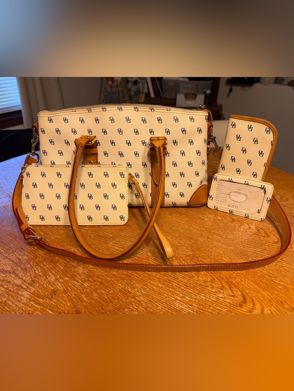 Dooney & Bourke Cream Monogram Satchel with Tan Trim